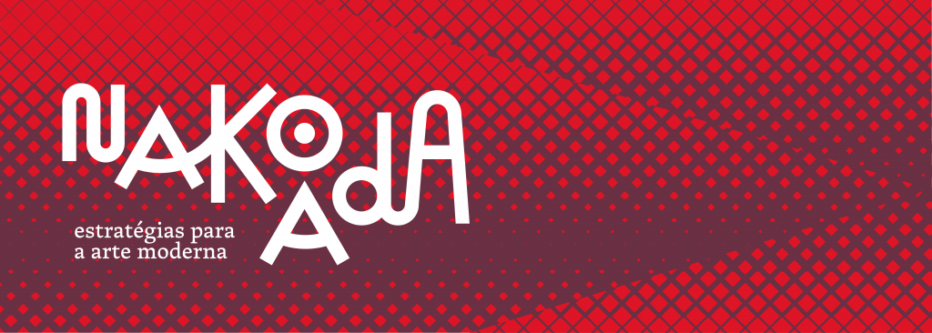 Fundo vermelho com grafismos geométricos remetendo a artesanato indígena, no primeiro plano se lê: Nakoada – estratégias para a arte moderna